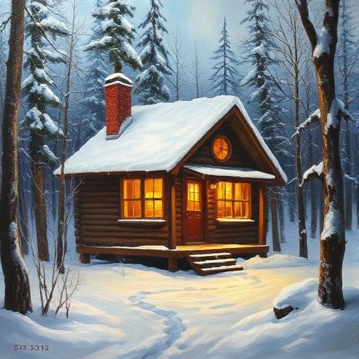 Oil painting of a cozy cabin in snow