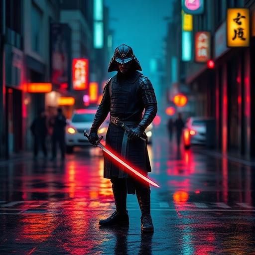 Cyberpunk samurai in the rain