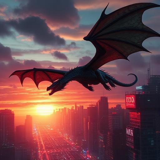 A dragon soaring over a neon city at sunset